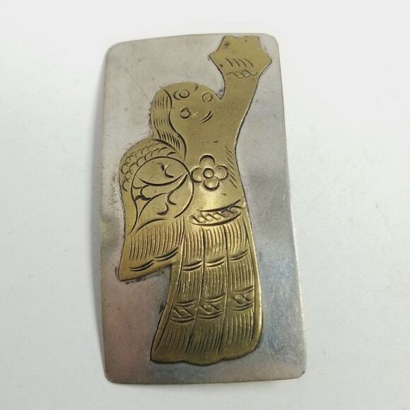 Vintage Two Tone Metal Angel Brooch, Silver Tone Rectangle Lapel PIn, Holiday - Picture 1 of 6